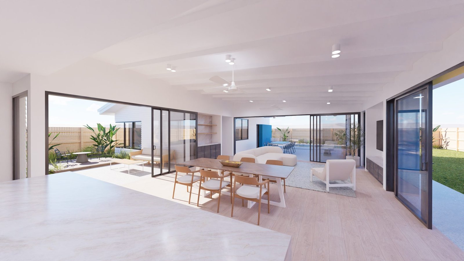 Open-plan kitchen, dining and living space opening to the courtyard — the founder's home, Turquoise Waters Estate